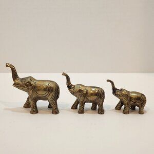 Vintage MCM Solid Brass Elephant Family Figurines Trio Set